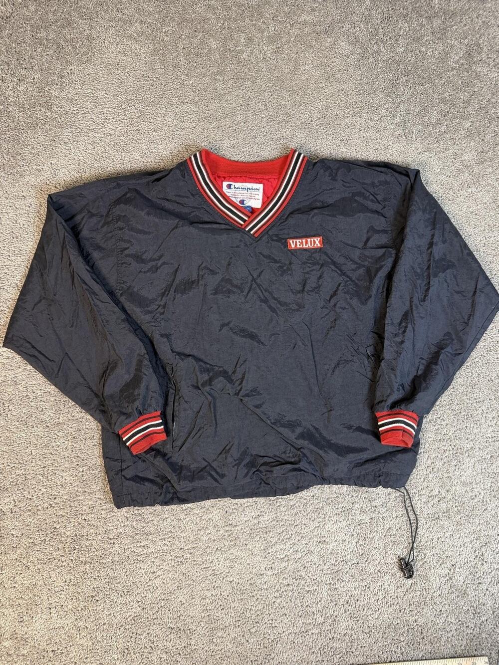 Champion Jacket Mens L Blue Windbreaker Lined Lightweight VELUX Embroidered